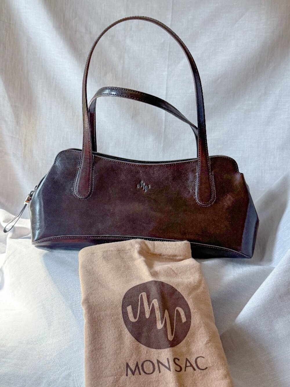 Monsac Chocolate Brown Leather Shoulder Bag Y2K East West Zip Top w/Dust Bag